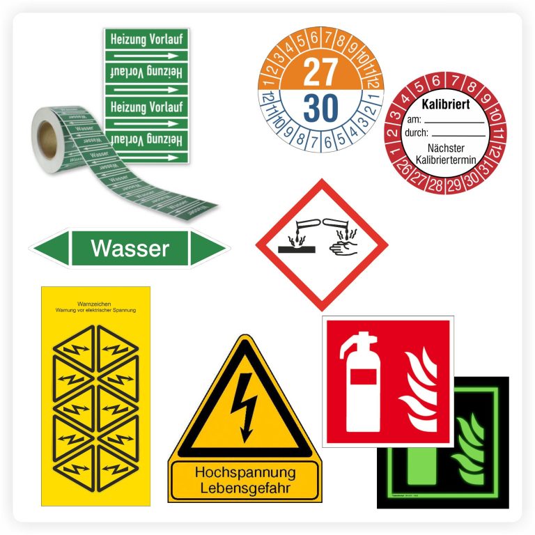 Kennzeichnungen & Industrieschilder Rohrleitungskennzeichnungen, Prüfplaketten, Warnzeichen, Gefahrstoff-, Brandschutz- und Fluchtwegkennzeichnungen