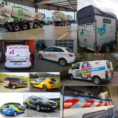 Fahrzeugbeschriftung und Fuhrparkdesign Übersicht beschrifteter Firmenfahrzeuge, Anhänger und Sonderfahrzeuge mit Logos und Beschriftungen.