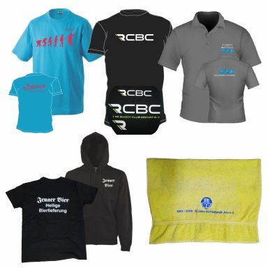 Textilveredelung im Überblick Übersicht veredelter Textilien mit Digitaldruck und Stickerei für Firmen und Vereine.