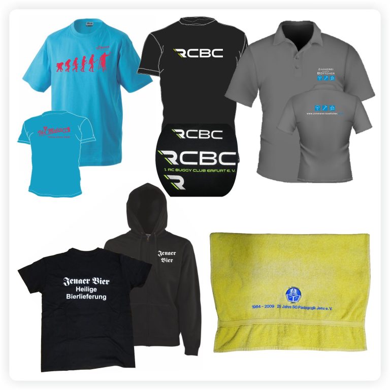 Textilbeschriftung & Textilveredelung Bedruckte und bestickte T-Shirts, Poloshirts, Jacken und Textilien mit individuellen Logos und Schriftzügen