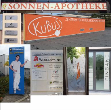 Firmenschilder & Außenbeschriftung Übersicht von Firmenschildern, Fassadenbeschriftungen und Wegeleitsystemen im Außenbereich