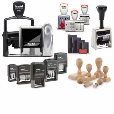 Stempel und Bürokennzeichnung Übersicht verschiedener Firmenstempel, Datumsstempel, Selbstfärber und Holzstempel.