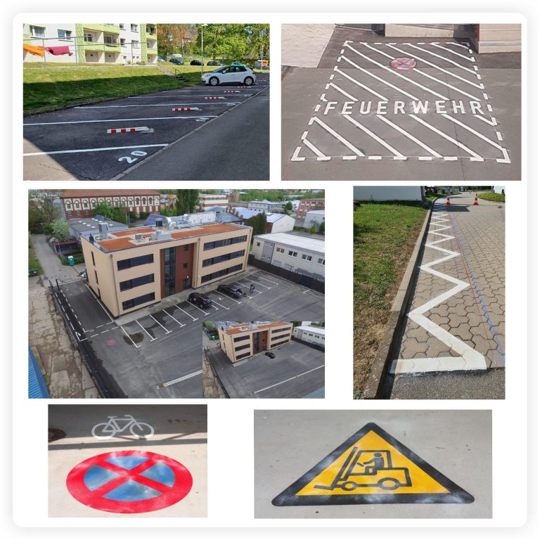 Parkplatzmarkierung Parkplatzmarkierungen mit Stellplätzen, Sperrflächen, Feuerwehrflächen und Bodenkennzeichnungen aus verschiedenen Projekten