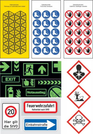 Sicherheits- und Kennzeichnungssysteme im Überblick Übersicht von Warn-, Gebots-, Verbots-, Fluchtweg- und Gefahrstoffkennzeichen.